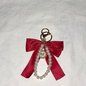 Elegant Red Bow Keychain/Bag Charm with Pearl Accents